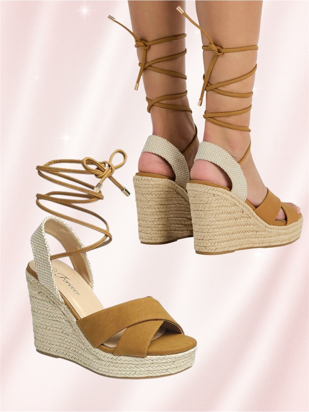 NWT Tan Lace-Up Espadrille Wedge Sandals Size 8